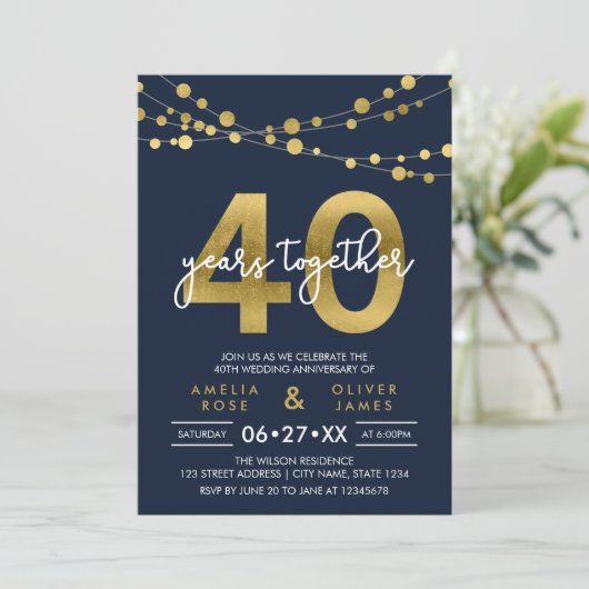 Invitation Blue Strings of Lights 40e anniversaire de mariage (Debout devant)