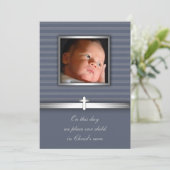 Invitation Blue Stripe Baby Boy Photo Christening (Debout devant)