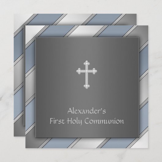 Invitation Blue Stripe Boys Première Communion (Devant / Derrière)