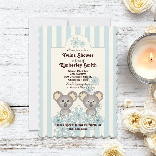 Invitation Blue Stripe Cute Koala Twin Boy Baby shower