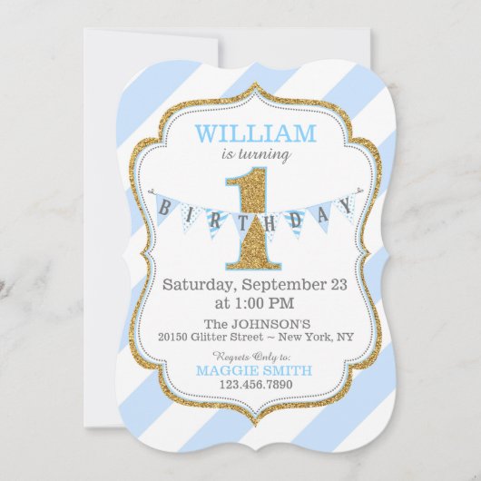 Invitation Blue Stripe Gold Parties scintillant premier anniv (Devant)