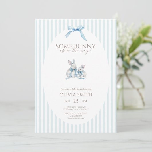 Invitation Blue Stripe Some Bunny Baby Shower (Debout devant)