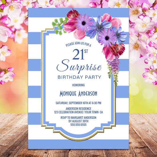 Invitation Blue Striped Floral Surprise 21e fête d'anniversai