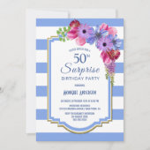 Invitation Blue Striped Floral Surprise 50e fête d'anniversai (Devant)