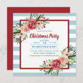 Invitation Blue Stripes Aquarelle Florale Noël Party (Devant / Derrière)