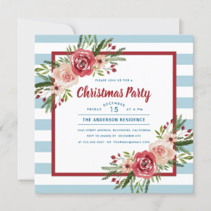 Invitation Blue Stripes Aquarelle Florale Noël Party