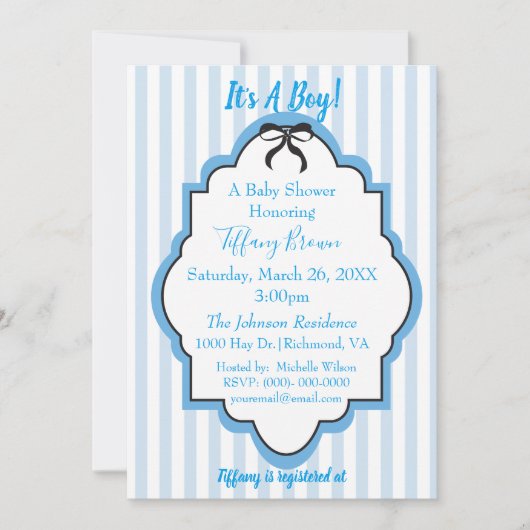 Invitation Blue Stripes Baby Boy Douche (Devant)