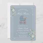 Invitation Blue Stripes Baby Carriage Eucalyptus Baby Shower  (Devant)