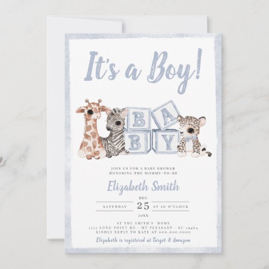 Invitation Blue Stripes Boy Safari Animaux Baby shower (Devant)