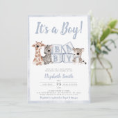 Invitation Blue Stripes Boy Safari Animaux Baby shower (Debout devant)