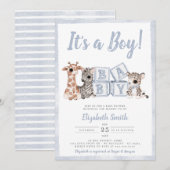 Invitation Blue Stripes Boy Safari Animaux Baby shower (Devant / Derrière)