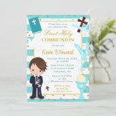 Invitation Blue Stripes Brown Haired Boy Première sainte comm (Debout devant)