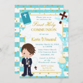 Invitation Blue Stripes Brown Haired Boy Première sainte comm (Devant / Derrière)
