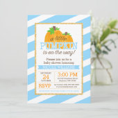 Invitation Blue Stripes Gold Little Citrouille Baby shower d' (Debout devant)
