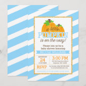 Invitation Blue Stripes Gold Little Citrouille Baby shower d' (Devant / Derrière)