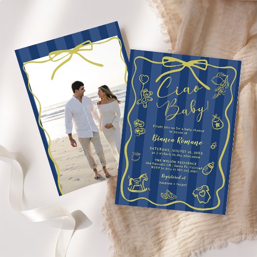 Invitation Blue Stripes Italian Ciao Baby Shower Photo  