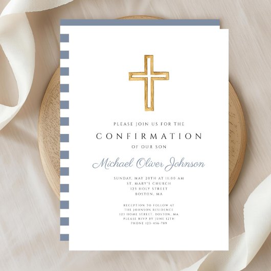 Invitation Blue Stripes Religious Cross Boy Confirmation