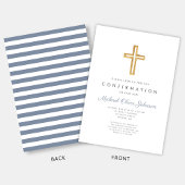 Invitation Blue Stripes Religious Cross Boy Confirmation