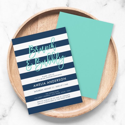 Invitation Blue Stripes Turquoise Brunch Fête des mariées Bub