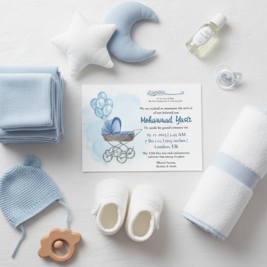 Invitation Blue stroller balloon muslim baby boy birth invita