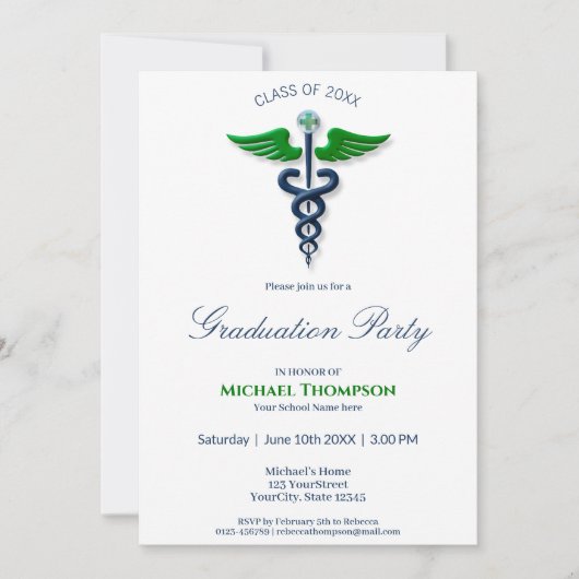 Invitation Blue Stylish Médicale Caduceus Green Wings Cross (Devant)