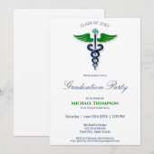 Invitation Blue Stylish Médicale Caduceus Green Wings Cross (Devant / Derrière)