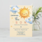 Invitation Blue Sunshine Sun Here Comes the Son Baby Shower (Debout devant)