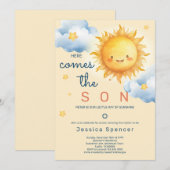 Invitation Blue Sunshine Sun Here Comes the Son Baby Shower (Devant / Derrière)
