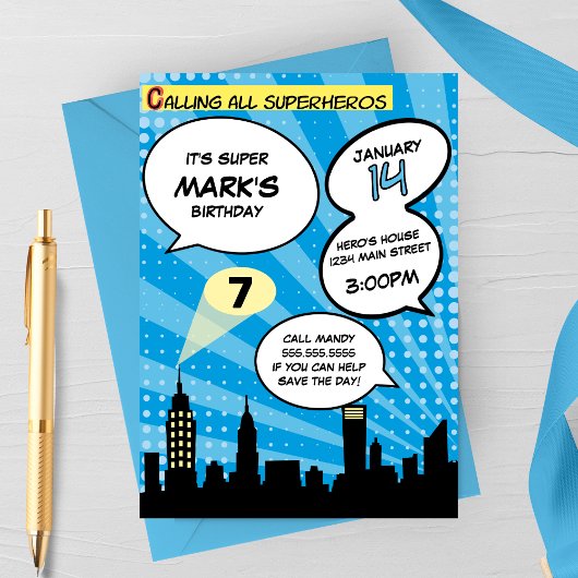 Invitation Blue Superheros Comédie Livre Styled Anniversaire