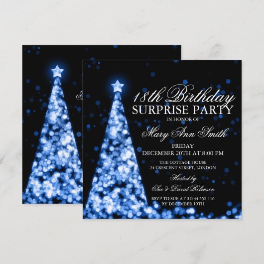 Invitation Blue Surprise 18e anniversaire lumières de Noël (Devant / Derrière)
