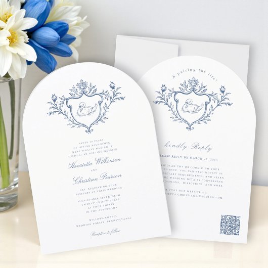 Invitation Blue Swan Crest Toile Wedding All in One 
