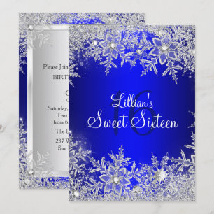 Invitation Blue Sweet 16 Snowflake Winter Wonderland