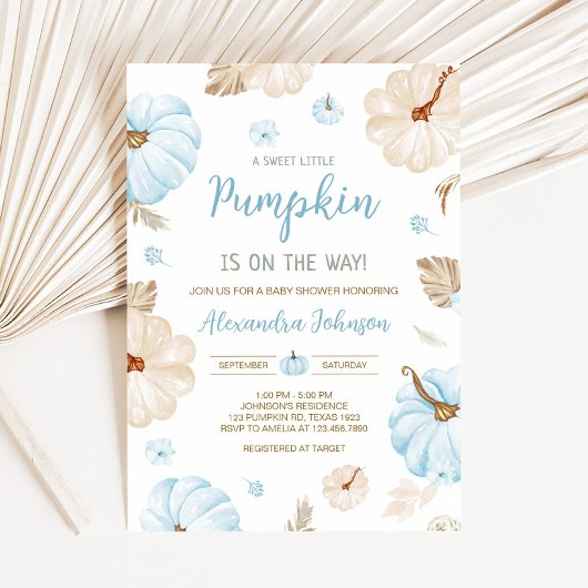 Invitation Blue Sweet Little Pumpkin Fall Baby Shower