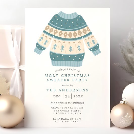 Invitation Blue Tacky Ugly Christmas Sweater Party