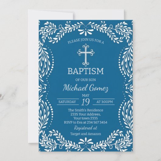 Invitation Blue Talavera Tile Spanish Fiesta Baptism (Devant)