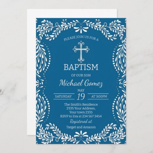 Invitation Blue Talavera Tile Spanish Fiesta Baptism (Devant / Derrière)