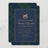 Invitation Blue Tartan Plaid Classic Rocking Horse Birthday (Devant / Derrière)