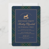Invitation Blue Tartan Plaid Classic Rocking Horse Birthday (Devant)