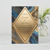 Invitation Blue Teal Gold Agate Marble Geometric Wedding (Debout devant)