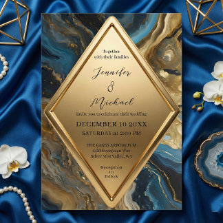 Invitation Blue Teal Gold Agate Marble Geometric Wedding
