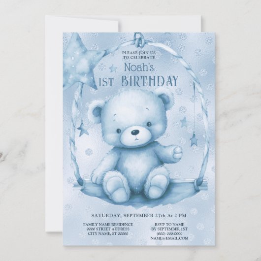 Invitation Blue Teddy Bear 1er anniversaire (Devant)