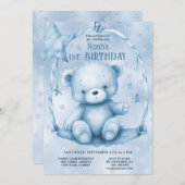 Invitation Blue Teddy Bear 1er anniversaire (Devant / Derrière)