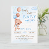 Invitation Blue Teddy Bear Balloons Boy Baby shower (Debout devant)