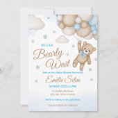 Invitation Blue Teddy Bear Balloons Boy Baby shower (Devant)