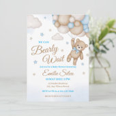 Invitation Blue Teddy Bear Balloons Boy Baby shower (Debout devant)