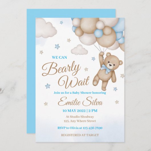 Invitation Blue Teddy Bear Balloons Boy Baby shower (Devant / Derrière)