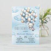Invitation Blue Teddy Bear Balloons Nuages Baby shower (Debout devant)