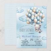 Invitation Blue Teddy Bear Balloons Nuages Baby shower (Devant / Derrière)