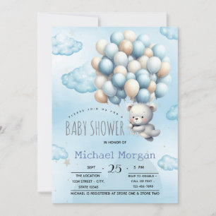 Invitation Blue Teddy Bear Balloons Nuages Baby shower