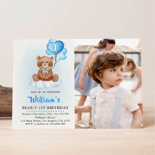 Invitation Blue Teddy Bear Balloons Premier Anniversaire Phot